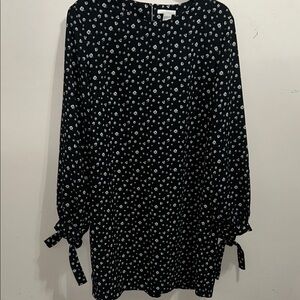 H&M Black Long Sleeve Mini Dress with White Ditsy Print